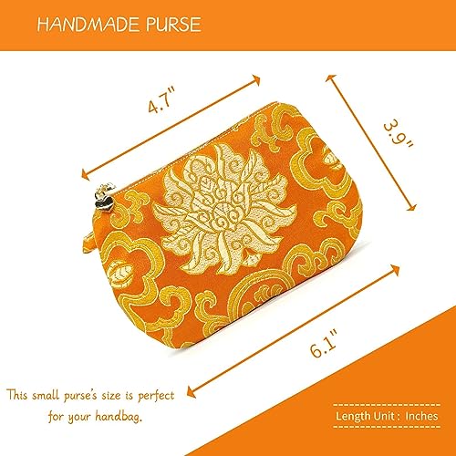 Image of Exquisite Handmade Silk Zipper Jewelry Pouch with Wristlet Strap | Women's Coin Purse Brocade Wallet for Makeup and Gifts, Orange