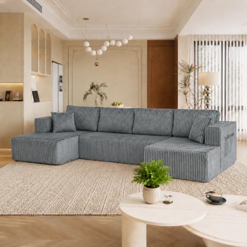 Image of KCGKCG 132 inch U Shaped Corduroy Cloud Couch - No Assembly Required, Dark Gray