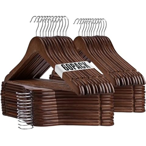 Uinicor Wooden Hangers 60 Pack Wood Hangers Set,Wooden Suit Hangers Coat Hangers for Closet, Heavy Duty Hangers with Precisely Cut Notches,Clothes Hangers for Coats, Jackets, Pants & Dress（Walunt） Cover
