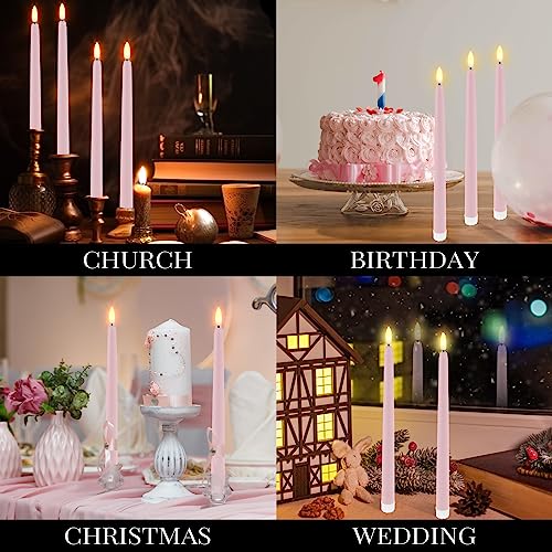 Image of Handepo 48 Pack Flameless Taper Candles Realistic with Yellow Flickering Candlelights Plastic 11 Inch Last Long Battery Operated Window Candlestick for Halloween Christmas(Pink)