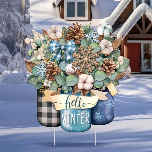 Memorywuu Metal Winter Christmas Decoration Hello Winter Yard Sign Stake 14.2 Inch Snowflake Mason Jar Outdoor Yard Decor for Christmas Party Outside Lawn Decorations Garden Patio Walkway