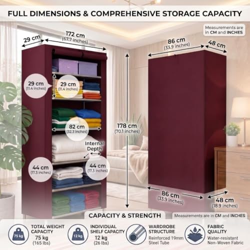 Image of YouCopia Collapsible Wardrobe 6 Shelves Storage Clothes Storage Rack Quick Wardrobe /Cabinet /Multipurpose Storage Rack, Foldable, Collapsible Fabric Organizer for Home Office (Maroon, 6-Layer)