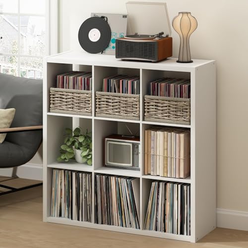 Image of Furinno Cubicle Record Player Stand, 9-Cube Vinyl Record Storage, White | Vinyl Storage, 1.2 inchInch Extra Thick, Open Back Media Shelf for CD DVD Bluray Game Disc, for Living Room, Home Office
