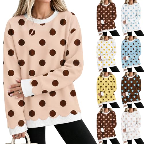Layered Sweatshirt Women Built-In Shirt Polka Dot Scallop Hem Sweatshirt - image 1