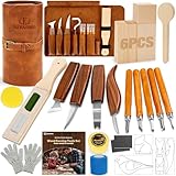 KERNOWO Woodworking PU Case Set, Wood Carving Kit with Deluxe PU Leather Case, Basswood Blocks for DIY Beginners and and Enthusiasts Gift Idea (32PCS)