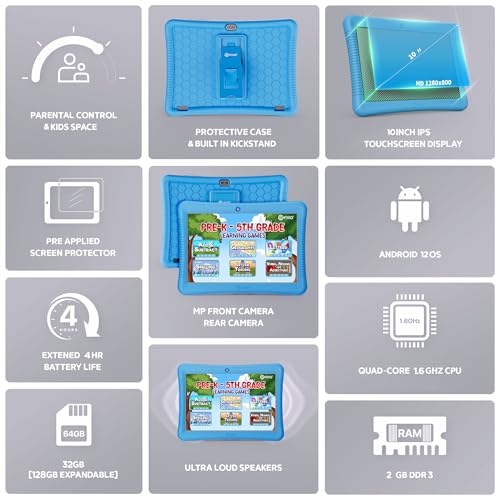 Image of Contixo 10 inch Android Kids Tablet Bundle - 32GB, Epic! & Lingokids Educational Apps, Parental Controls, Kid-Proof Case w /Kickstand & Stylus, Headphones & Sleeve Bag - Blue
