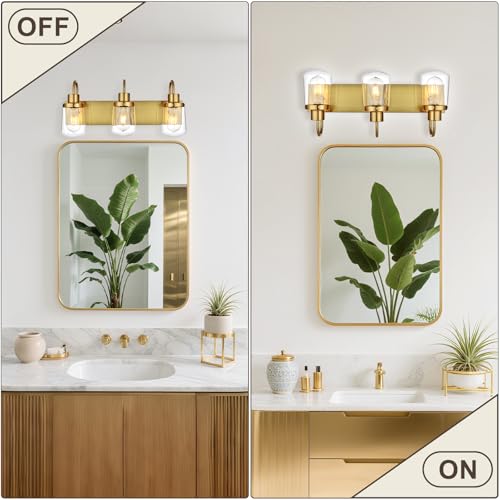 Image of Yaohong Modern Bathroom Vanity Light, 3 Light Bathroom Light Fixture Over Mirror, Gold Bathroom Light with Glass Shade for Bedroom Vanity Cabinet Hallway Stairs