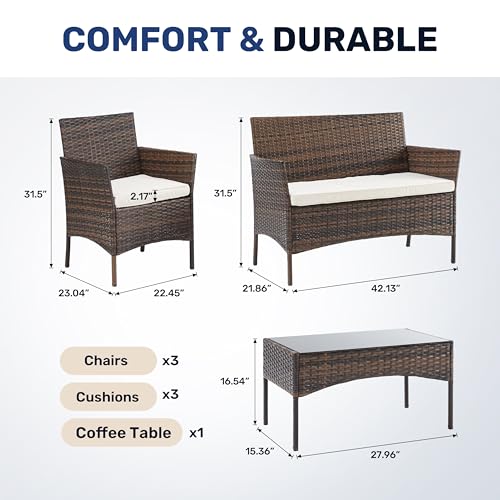 YSSOA Patio Furniture Set 4 Pieces Outdoor Rattan Wicker Chairs with Soft Cushion and Glass Coffee Table, Waterproof Conversation Bistro Loveseat for Garden Lawn Yard, Porch Poolside, Brown - Image 8