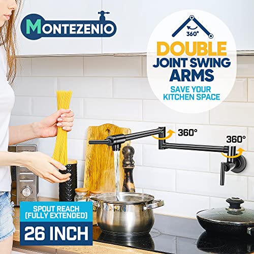 Pot Filler Faucet Wall Mount, 26 Inch Solid Brass Pot Filler, 4 Gpm Kitchen Folding Faucet With Double Joint Swing Arms, Single Hole Two Handles Matte Black Pot Fillers #TOP3