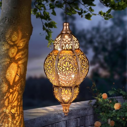 Hanging Solar Lantern Outdoor Decor, Moroccan Solar Lights for Outside Garden Decorations, Waterproof Lanterns Garden Gifts for Mom, Women, Patio, Yard Ornament