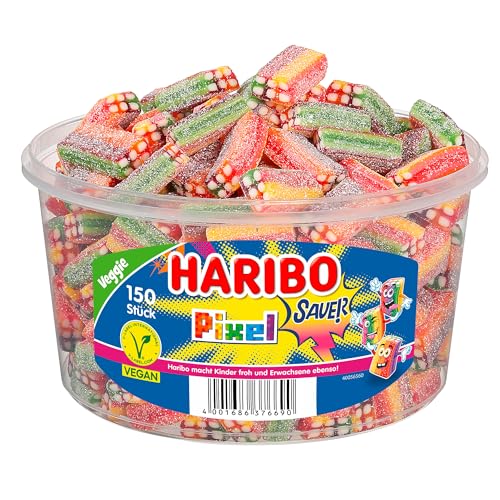 Haribo Rainbow Pixel Sauer – 150 Stück Runddose (1,2 kg) – Saure Fruchtgummi-Pixel in bunten Farben – Große Vorratsdose für Party, Büro & Sharing 1