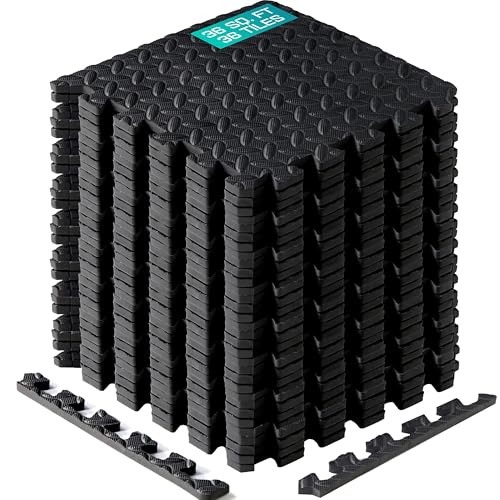 Yes4All Interlocking Exercise Foam Mats with Border – Interlocking Floor Mats for Gym Equipment – Eva Interlocking Floor Tiles - 36 Square Feet (36 Tiles) - Black