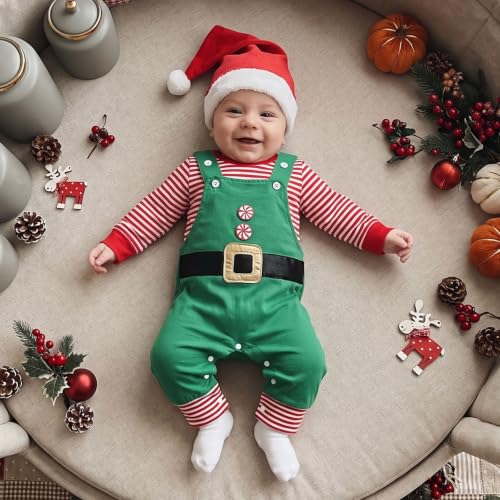 Image of Baby Boy Christmas Outfit Elf Newborn Romper Pants Set With Hat | Long Sleeve Bodysuit, Striped Romper Overalls Set, Baby Boy Elf Outfit, Fall Winter Clothes With Hat, My First Christmas.