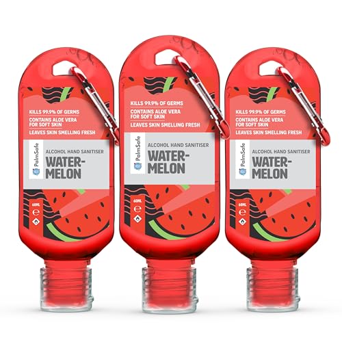 Palm Safe Watermelon 3 Pack 60ml Anti Bacterial Premium Hand Sanitiser Travel Size Refillable Clip Bottle Quick Drying Non Sticky Extra Moisturising Kills 99.9% of Viruses and Bacteria