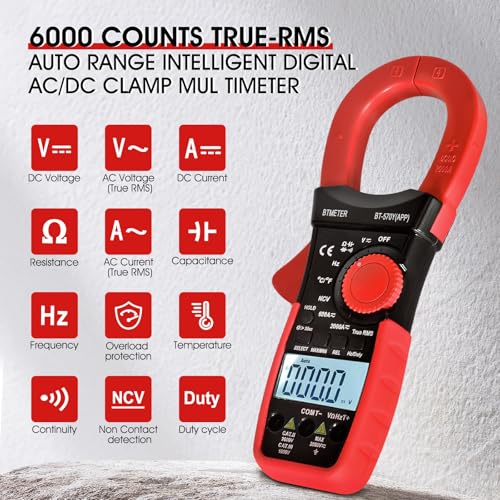 Image of BTMETER Digital Clamp Meter Multimeter, 6000 Counts Bluetooth Multimeter, 2000A AC /DC Amp Tester, Measures Voltage, Ohms, Capacitance, Frequency, Temperature, NCV with Data Logging 570Y-APP