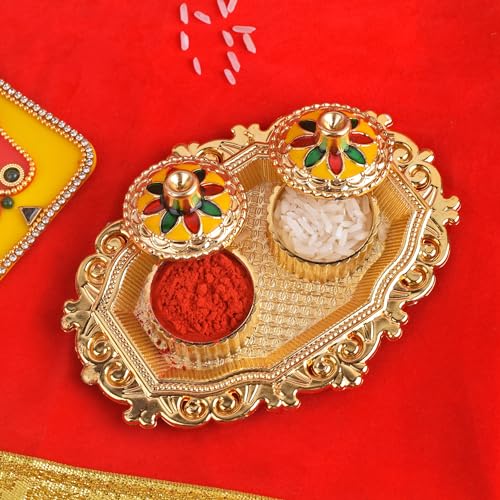 SATVIK 1 Pc Golden Decorative Kankavati Roli Chawal/Rice Holder with Lid, Kumkum Haldi Holder Designer Rakhi Pooja Thali Festival Diwali Pujan Tika Roli Plate Indian Housewarming Return Gifts Items
