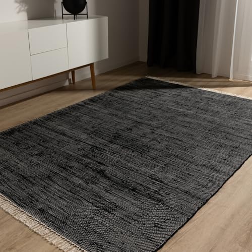 benuta Basic Tapis Coton Tom - Noir 60x100 cm - Tissé à Main - 100% recyclé - Compatible avec Chauffage au Sol - pour Salon, Chambre, Couloir, Salle à...