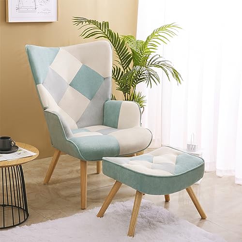 Dolonm Accent Chair with Ottoman Set Modern Lounge Wingback Armchair with Footrest Single Sofa Reading Chair with Solid Wood Legs for Bedroom Living Room (Blue) - Image 3