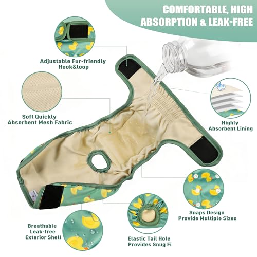 Image of Langsprit Female Dog Diapers for Doggie Puppy,Reusable Dog Period Diapers Female for Heat Peeing,Small Medium Large Doggy Diaper Washable,Dogs Pants 5 Pack, Duck, X-Large
