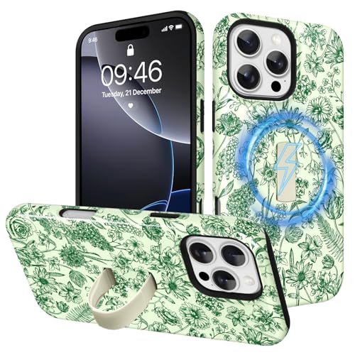 Image of Magnetic for iPhone 16 Pro Case with Finger Strap Kickstand [Compatible with Magsafe] Cute Flower Floral Pattern Design, Dual-Layer Shockproof Protective Cover for Women Men, Green