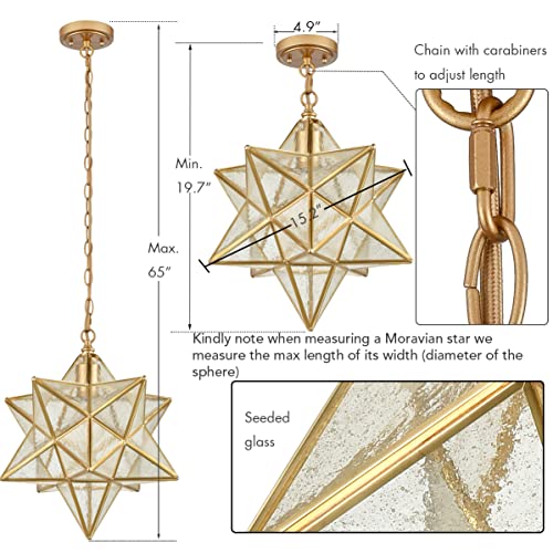Image of DAYCENT Moravian Star Light Fixture Modern Brass Seeded Glass Pendant Lights, 15-inch