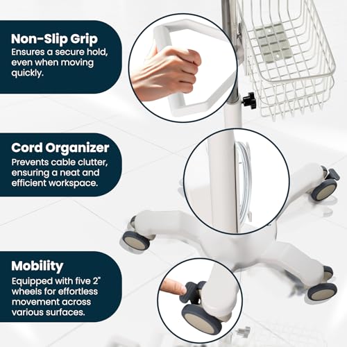 Image of VivaDiagnostics Rolling Stand Vital Signs Monitor for WE 7000 Series Connex Spot, (Monitor NOT Included), Blood Pressure Cuff Basket, Work Surface, Adjustable Pole, and Cord Organizer