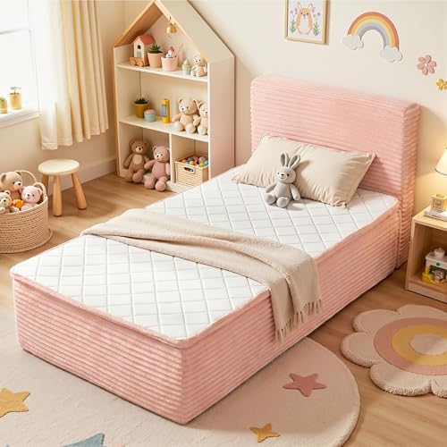 HOOOWOOO Boneless Bed Frame with Mattress Twin Size No Assembly Midium Soft Memory Foam Bed and Headboard Plush Upholstered Platform Bed for Teens Room Small Guests Room No Box Spring Needed Pink