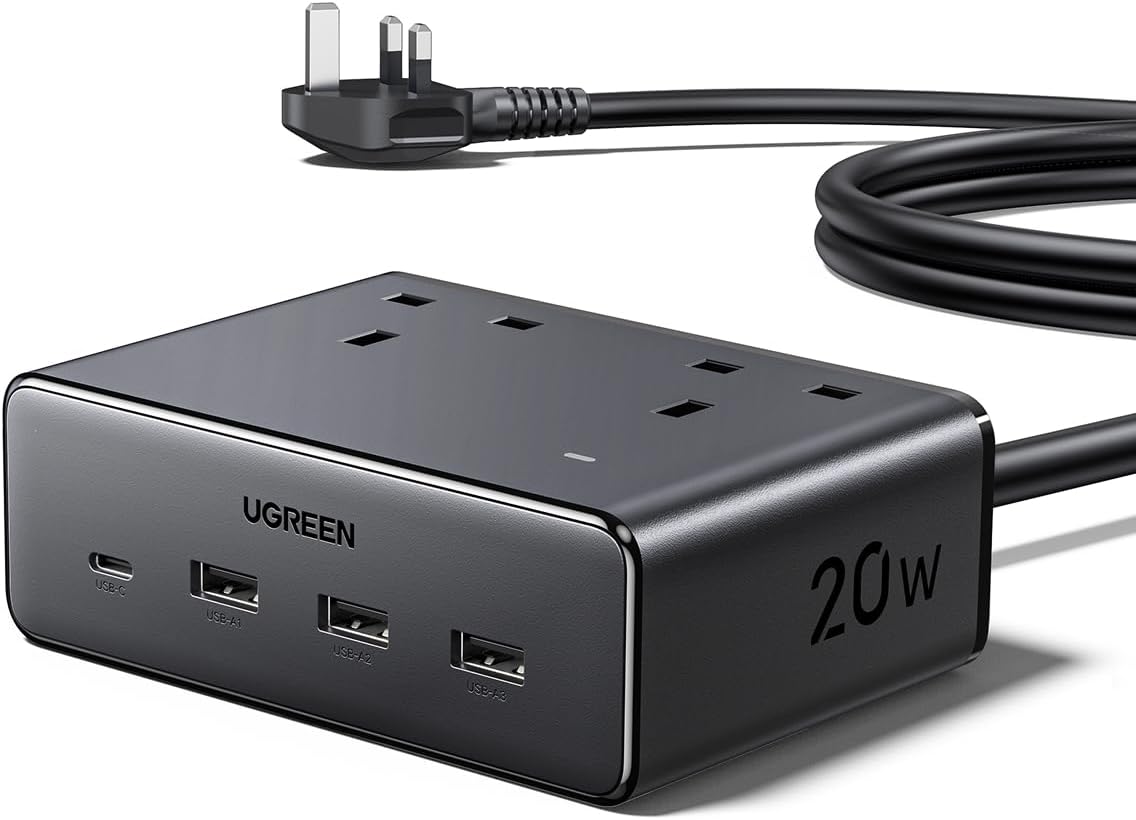 UGREEN Extension Lead with 4 USB Slots, 2 Way 2990W Max Multiple Plug with 1.5m Extension Cable, Compatible with iPhone 17/16/15/14, iPad Pro/Mini, Suitable for Home/Office, Black