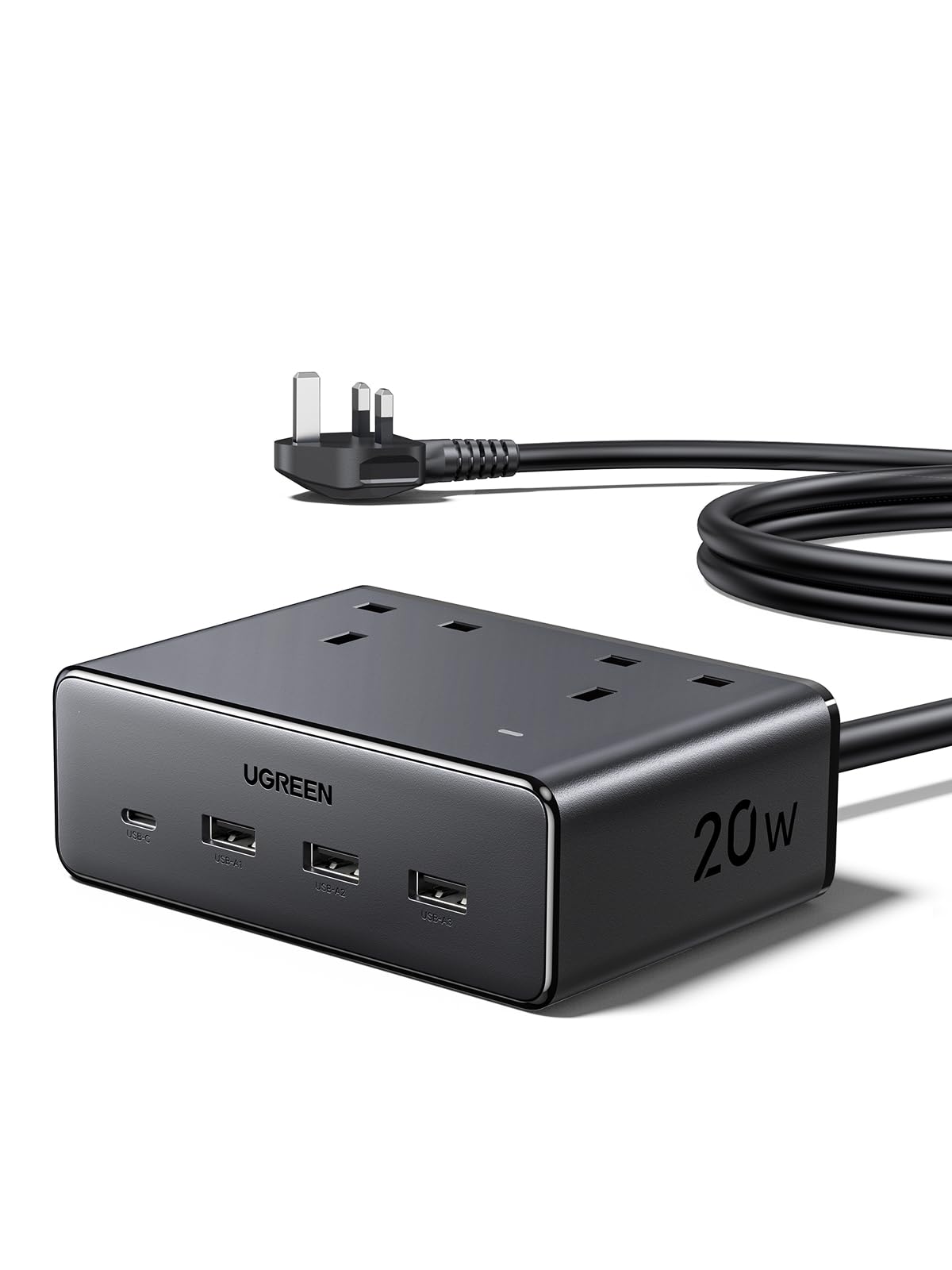 UGREEN Nexode Surge Protector Extension Cord with PD20W (3 USB-C,1 USB-A) & UK Extension Plug, GaN Power Strip with 2990W Max Overload Protection, 1.5m Charging Station for Multiple Devices