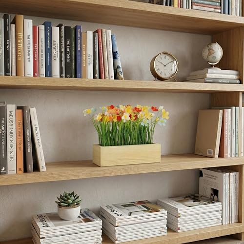 Image of Dekorly Artificial Grass Lily Arrangement with Wooden Planter (24 CM) | Premium Realistic Floral Decor for Table & Living Room | Stylish Indoor Decor for Living Room