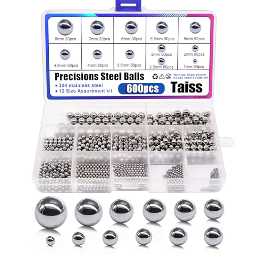 Taiss 600pcs Ball Bearings,12 Size 1mm/2mm/2.5mm/3mm/3.5mm/4mm/4.5mm/5mm/5.5mm/6mm/7mm/8mm Stainless Steel Precision Steel Balls 1-8mm Metric Bicycle Ball Bearings Assortment Kit K-085-600