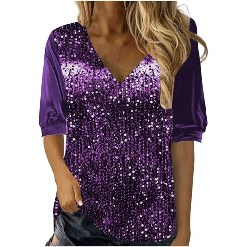 Dyhxuan Camiseta de manga corta con lentejuelas para mujer, con cuello de pico, para fiestas, fiestas, carnaval, camiseta con purpurina, sexy, elegante, para fiestas, tops con purpurina, morado, S