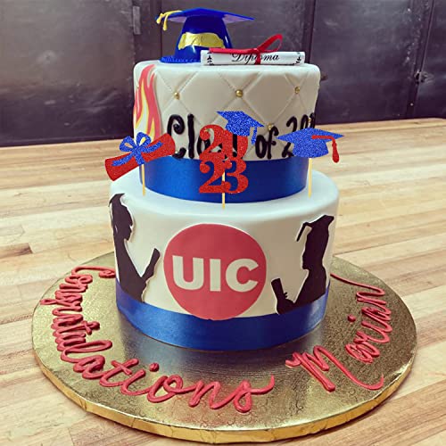 Graduation Cupcake Toppers Grad Party Decoration Food Picks Congrats Glitter Diploma Cap School Colors Supplies 24 Pcs Red Blue #TOP3