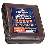 Tarpco Safety Extra Heavy Duty 14 Mil Tarp Cover, Waterproof, UV Resistant, Rip and Tear Proof, Poly Tarpaulin with Reinforced Edges for Roof, Camping, Patio, Pool , Boat (Brown/Black 6′ X 8′)
