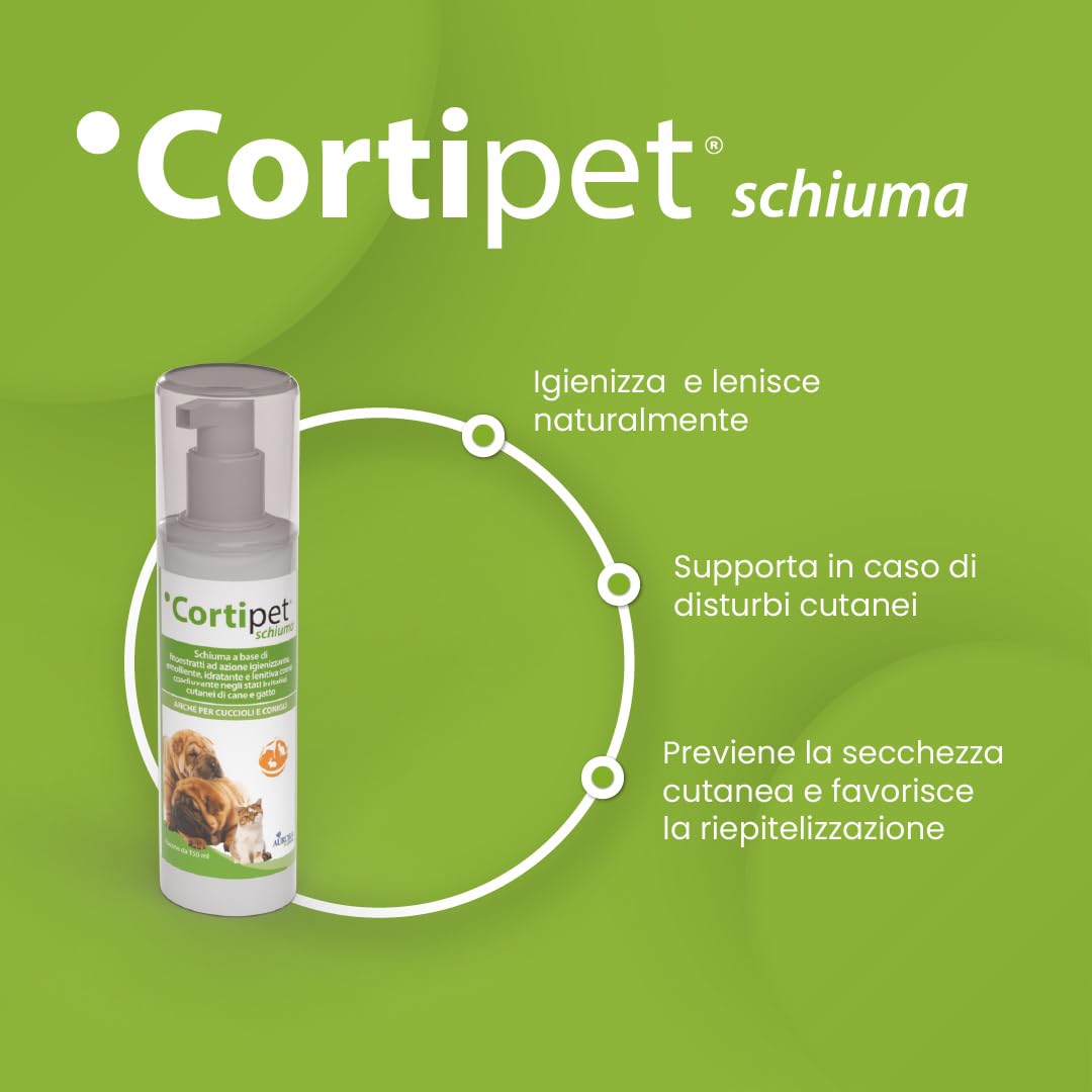Aurora Biofarma Cortipet Schiuma 150ml - Idratante e lenitiva - Utile nei casi di prurito e per donare lucentezza al pelo spento e opaco.