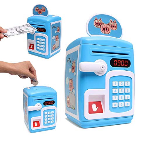 Image of Magicwand Musical Money Safe Kids Piggy Savings Bank with Finger Print Sensor & Solitaire Stickers【Cartoon Blue】【Pack of 1】