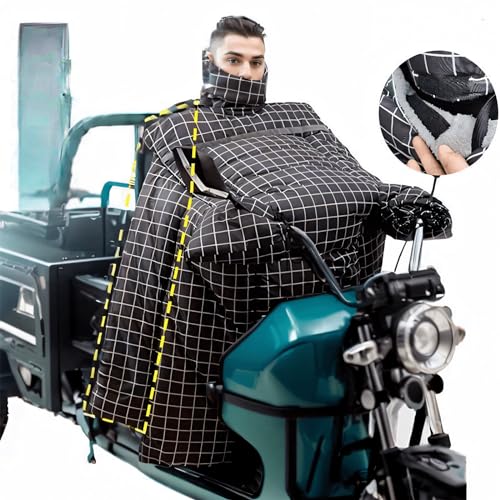 Generic Electric Tricycle Blankets Waterproof Windproof for Outdoors, Portable Hooded Weatherproof Electrocar Windshield Quilt Blankets for Cold Weather Gear (Black Plaid)