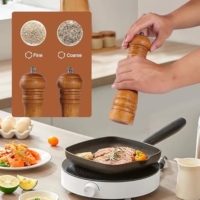 Wooden Salt and Pepper Grinder Set with Stand - 8-inch Oak Wood Salt Mill Pepper Grinder Set, Adjustable Ceramic Core, 2 Pepper Mills + Wooden Spoon & Cleaning Brush (Kitchen Essential)