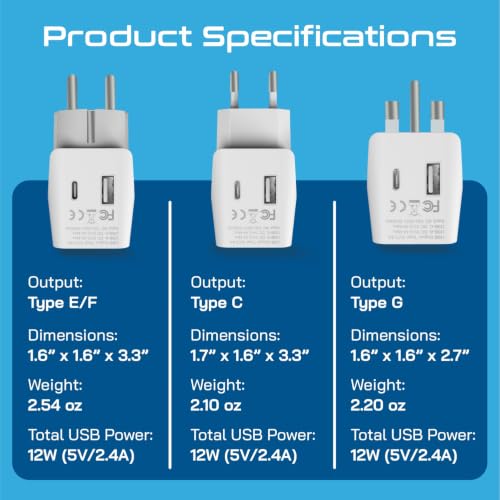 Image of Ceptics Complete European Set Travel Adapter Plug by Ceptics With Dual USB - Type G, E /F, C - London - USA Input - Light Weight - Perfect for Cell Phones, Chargers, Cameras and More - 3 Pack