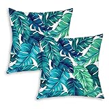 QoGoer Tropical Palm Leaves Throw Pillow Covers Set of 2 - Summer Decorative Square Pillow Case Soft Cushion Covers for Couch Sofa Bedroom Car, 18 x 18 Inch, Turquoise Green