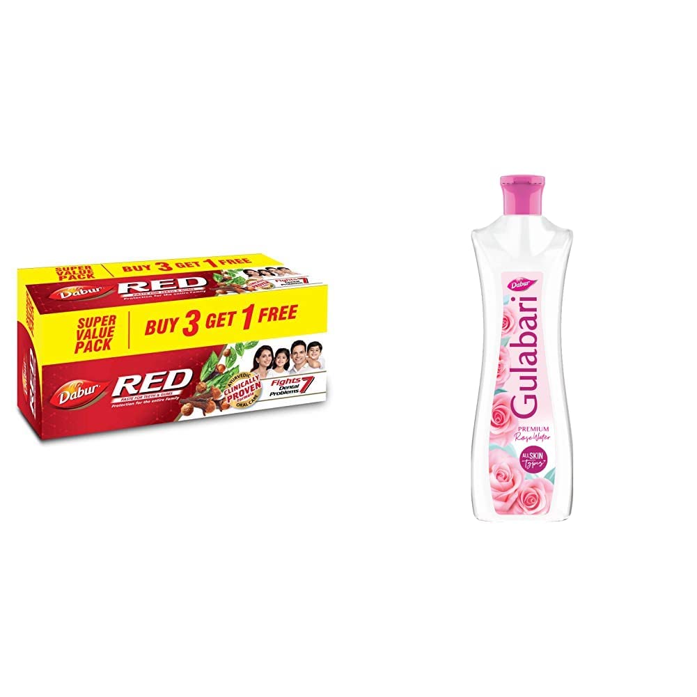 Red Paste - India'S No.1 Ayurvedic Paste, Provides Protection Plaque Removal, Toothache, Yellow Teeth, Bad Breath- 800G (200Gm*4) Gulabari Premium Rose Water Natural, 400 Ml