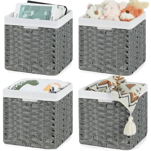 Bidtakay Wicker Storage Baskets for Organizing 4-Pack Hand-Woven Imitation Dark Grey Wicker Cube Storage Bins with Liners for Shelves Closet Cabinet 11x11 Waterproof Cube Organizer for Pantry
