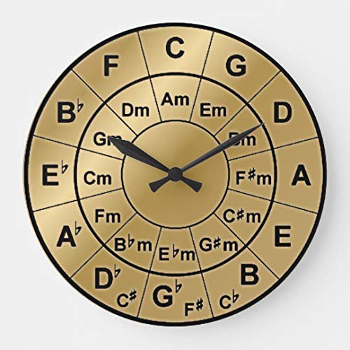 Fprqlyze Metallic Gold Circle of Fifths Chord Wheel Modern Simple Wood Wall Clocks Decorative Living Room Battery Operated Non Ticking 12 Inches Birthday Christmas