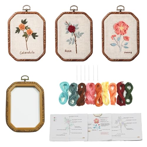 Image of GOGLAM 3 Pack Embroidery Starter Kit with Pattern, Stamped Cross Stitch Kits for Beginners, Hand Embroidery Kit for Beginners Adults with Embroidery Hoop and Instructions (Basic Style - 01)
