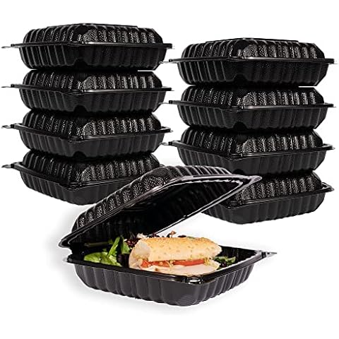 MULMEHË Mineral Filled Polypropylene Plastic Hinged Take Out Food Containers, 9x9x3, Vented Single Compartment, Black, 100 Pack Cover