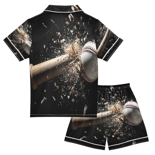 ALAZA Baseball Bat Black Satin Pajamas Set Short Sleeve Button Down Sleepwear Summer Pjs 2 Piece2