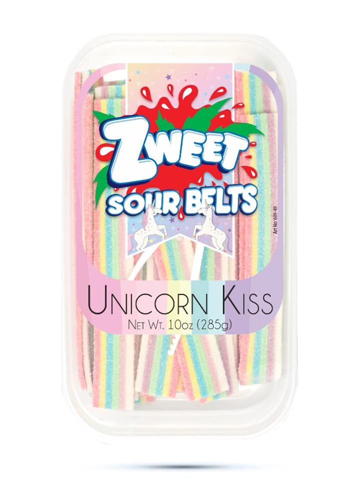 Zweet Sour Unicorn Kiss Candy Belts 10 Ounce – Sour Kosher Candy, Halal Candy – Resealable Pack of Sour Licorice Belts