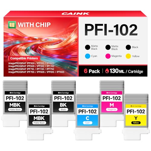 Image of PFI-102 Ink Tank 6-Pack 130ml PFI102 Ink Cartridges Compatible with Canon imagePROGRAF iPF500 iPF510 iPF600 iPF605 iPF610 iPF650 iPF655 iPF700 iPF710 iPF720 iPF750 iPF755 iPF760 iPF765 Printer Inkjet