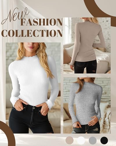 Neer 4 Pack Women's Mock Turtleneck Tops Cotton Long Sleeve Ribbed Lettuce Trim Shirts Slim Fit Casual Fall Basic Tees3