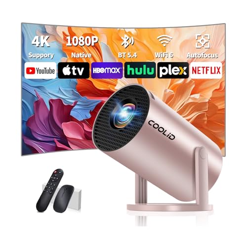 Mini Proyector Vídeo, Proyector Portátil con Doble Banda WiFi 6 Inalámbrico Bluetooth 5.4, Corrección Trapezoidal Automática, 270° Giratorio TV Stick/USB/PS5/Laptop, con Ratón,Dorado